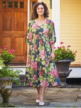 April Cornell Grey Midi Dress with Pink and Green Rose Print